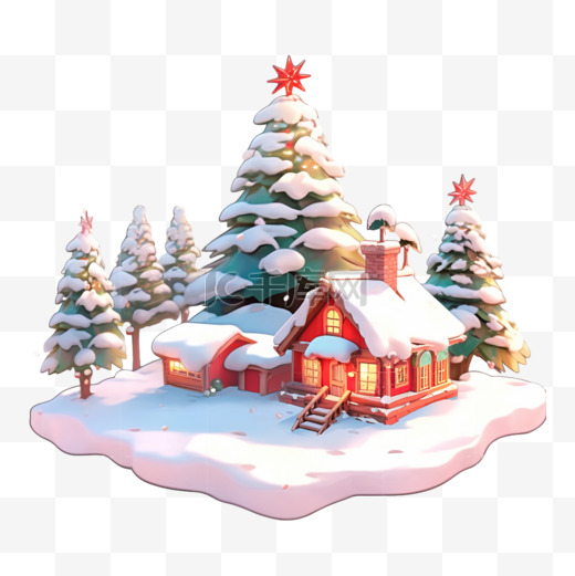 雪景圣诞树小木屋圣诞节装饰元素图片