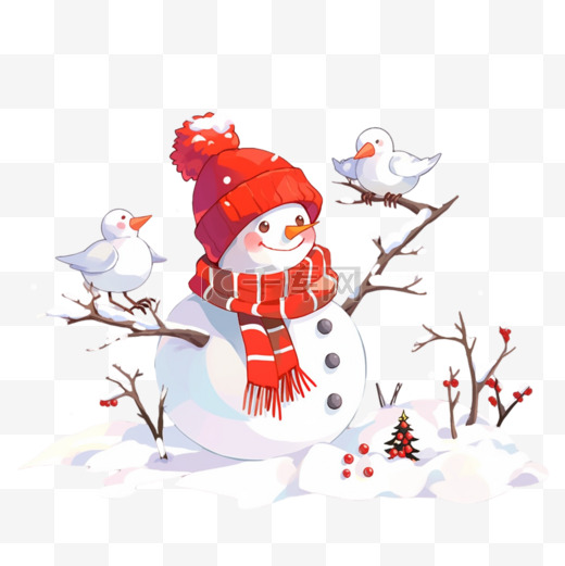冬天可爱的雪人小鸟卡通手绘元素图片