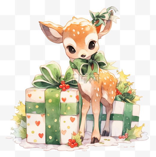 圣诞节卡通手绘可爱小鹿礼物元素图片