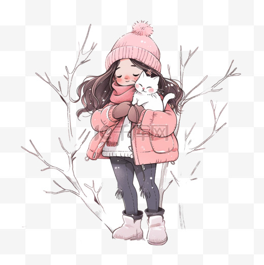 雪地里女孩小猫树木卡通手绘冬天元素图片