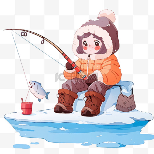 冬天可爱女孩卡通湖边钓鱼手绘元素图片
