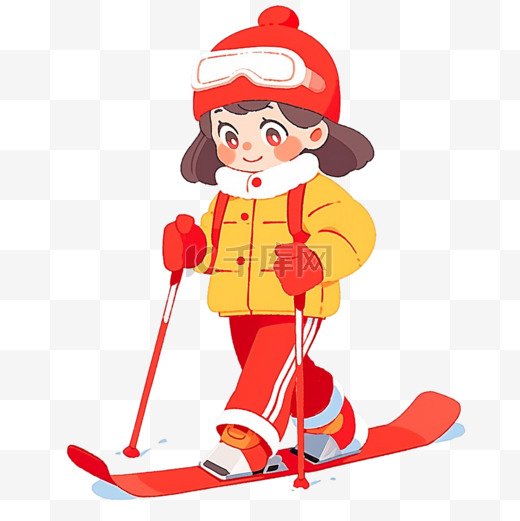 手绘元素冬天可爱女孩滑雪卡通图片