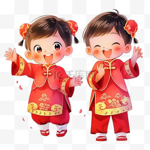 春节拜年的孩子卡通新年手绘元素图片