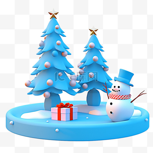 冬天圣诞节3d雪人松树免抠元素图片