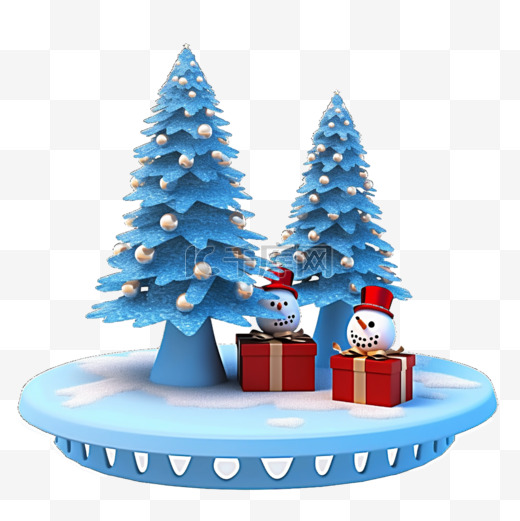 3d免抠冬天圣诞节雪人松树元素图片