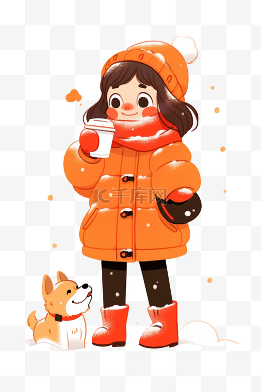 冬天咖啡可爱女孩宠物卡通手绘元素图片