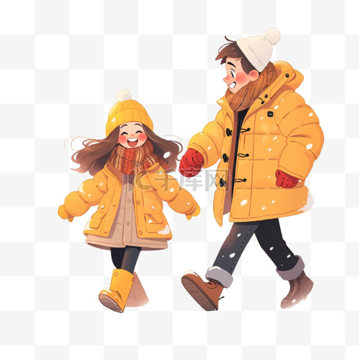冬天情侣雪天散步卡通手绘元素图片