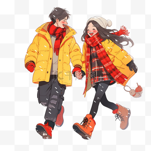 冬天情侣卡通雪天散步手绘元素图片