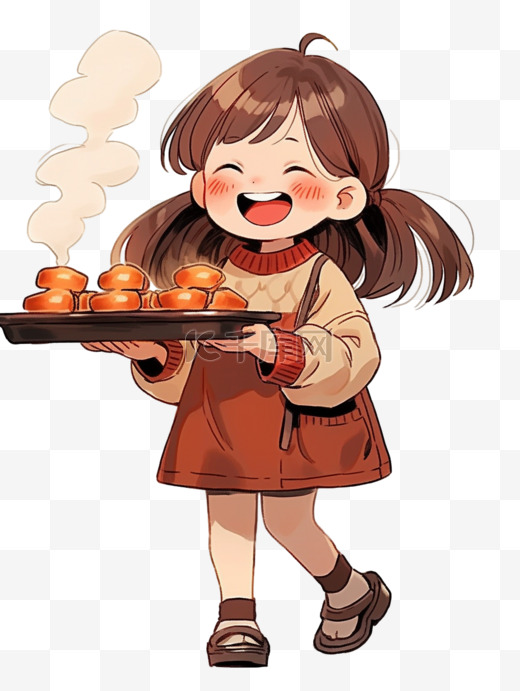冬天卡通可爱女孩烤面包手绘元素图片