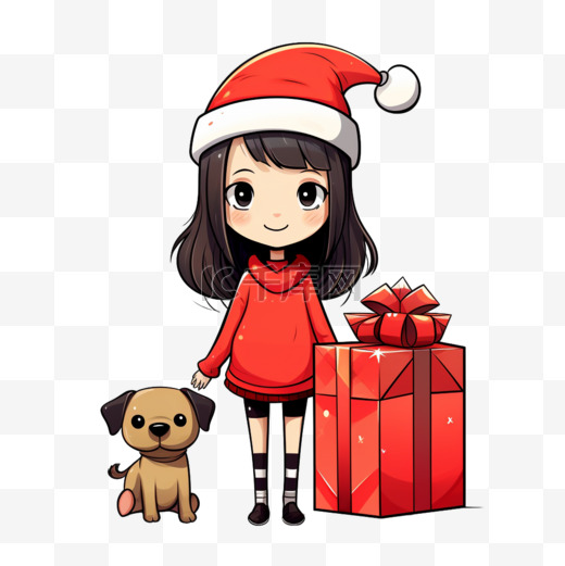 圣诞节卡通简笔画女孩礼物手绘元素图片