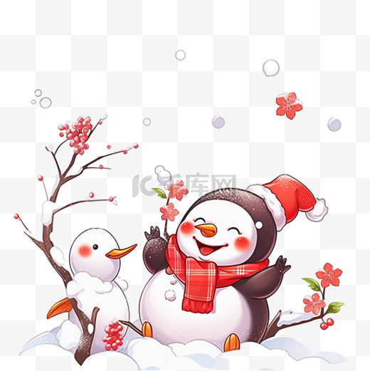 冬天雪人雪地里企鹅梅花枝卡通手绘元素图片