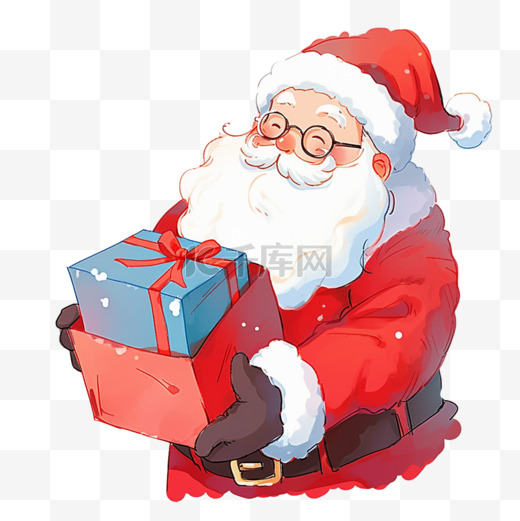 圣诞节圣诞老人卡通拿着蓝色礼盒手绘元素图片