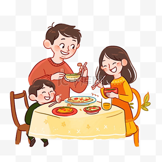 手绘新年团圆一家人吃饭卡通元素图片