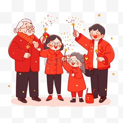 迎新年一家人放烟花卡通手绘元素春节图片