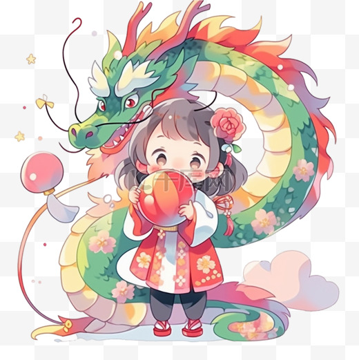 元旦拜年新年小孩和龙卡通可爱过年扁平图片