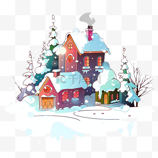 手绘插画冬天彩色房子雪天卡通图片