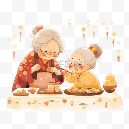新年奶奶和孩子做糕点手绘卡通元素图片
