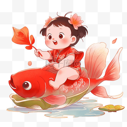 新年手绘年画可爱孩子鲤鱼卡通元素图片