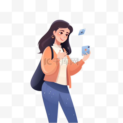 手里拿着篮子和银行卡的女孩站在手机旁边图片