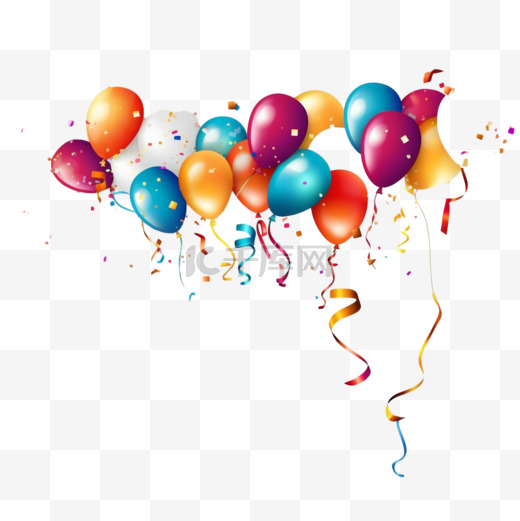 生日快乐祝贺横幅设计，五彩纸屑，气球和光泽闪闪发光的彩带为派对节日背景。矢量插图图片
