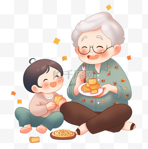 爷爷孙子团聚手绘元素吃糕点卡通图片