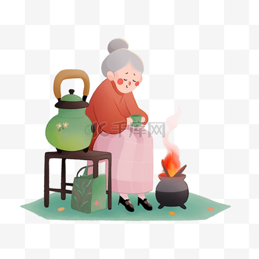 冬天慈祥奶奶暖炉卡通元素手绘图片
