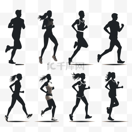 一组跑步男女。奔跑的人们的剪影集合。图片