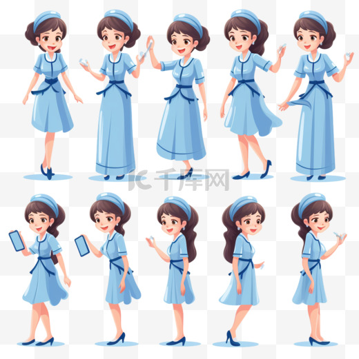 卡通人物、孤立平面插图中扮演不同角色的一组身着护士服的快乐女子图片