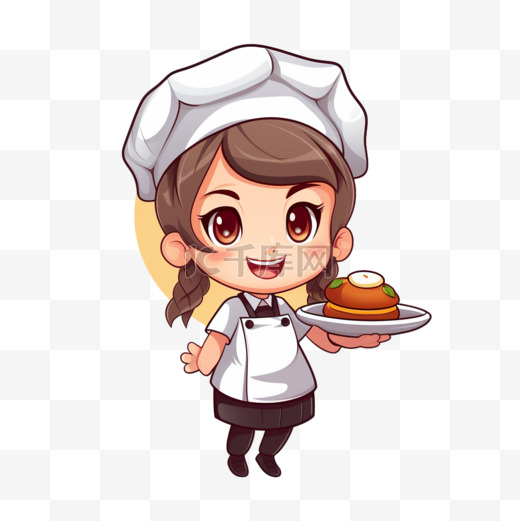 身穿制服的可爱厨师女孩手持特纳餐厅标志卡通艺术插图图片