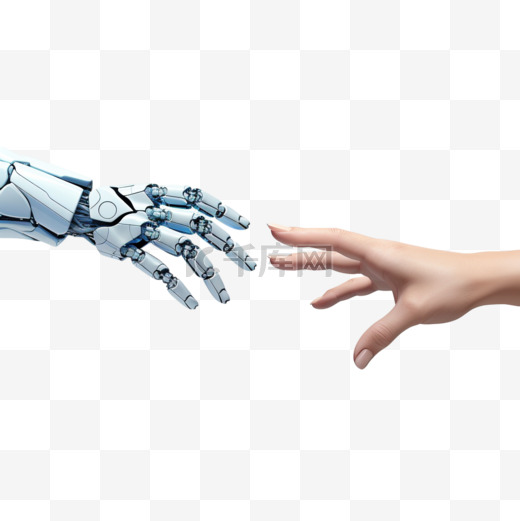 机器人的手和人类的触摸。半机械人的手指即将碰到人类的手指。象征着人与人工智能之间的联系。科学，未来技术。矢量插图。图片