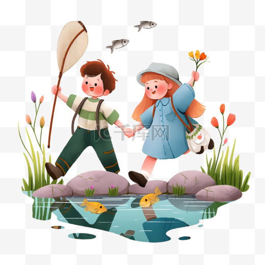 卡通手绘春天孩子河边钓鱼元素图片