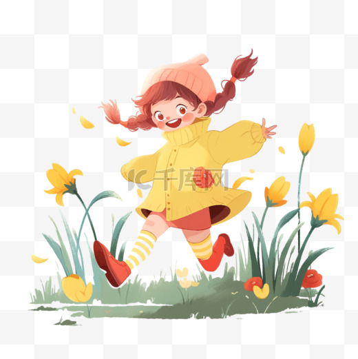 可爱女孩奔跑花丛卡通春天手绘元素图片