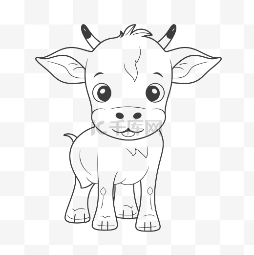 站在白色背景上的小奶牛，红眼睛轮廓素描 向量图片