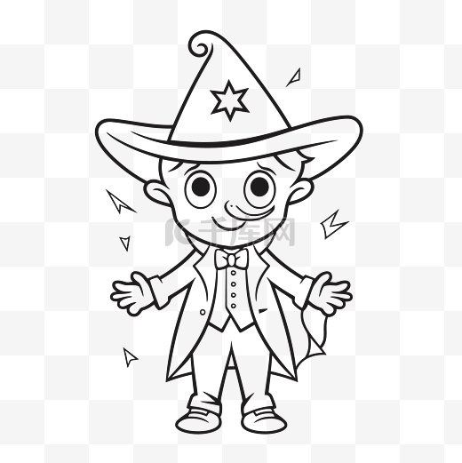 儿童漫画男孩穿着女巫服装与魔法和黑帽轮廓素描 向量图片