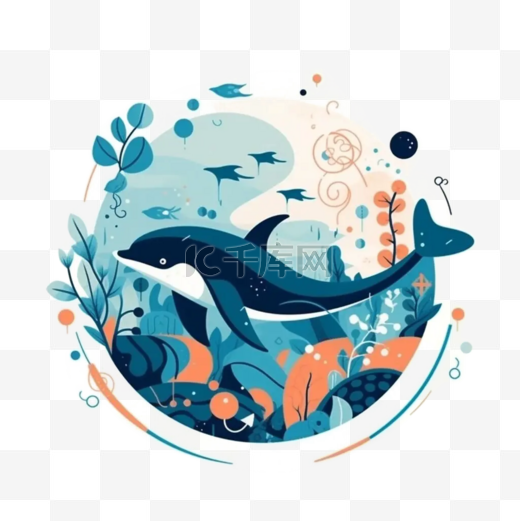海底海豚插画图片