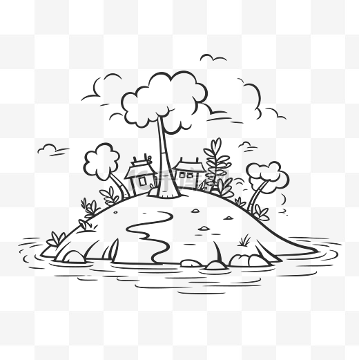 手绘水中小岛树木房屋轮廓素描 向量图片
