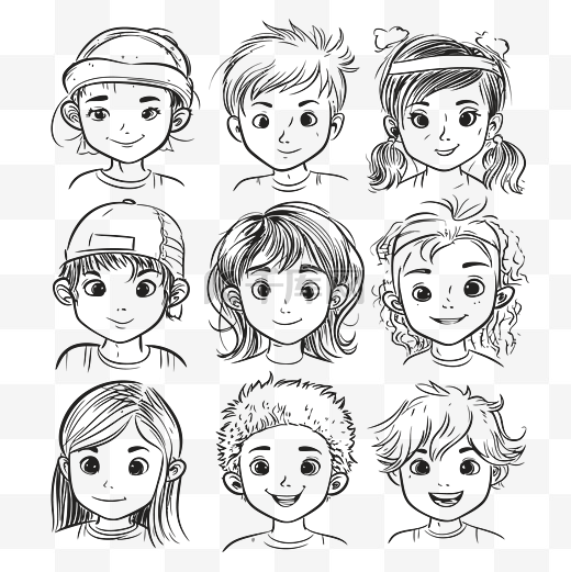 在白色背景轮廓草图上以黑白绘制的各种儿童面孔 向量图片