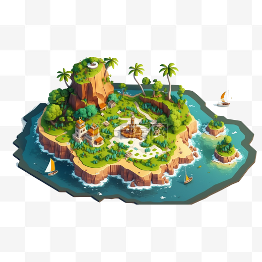 海边别墅棕榈树25d模型户外岛屿等距风格图片