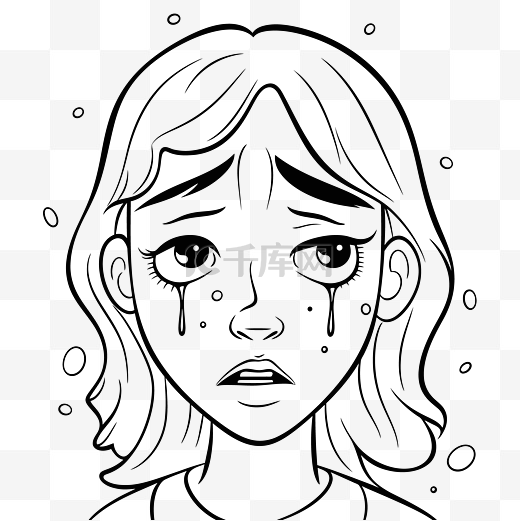 哭泣的女孩 着色页 着色页 墨水和胶水轮廓素描 向量图片