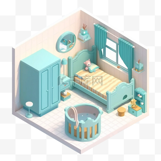 3d房间模型婴儿房蓝色干净图案图片