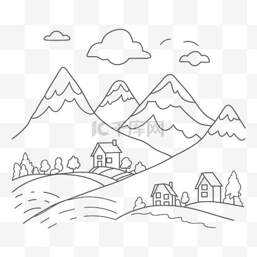 山景与山和房子着色页轮廓素描 向量图片