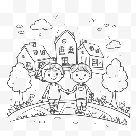 两个孩子在背景轮廓草图上用房子涂色 向量图片
