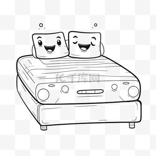 床上有两个枕头，上面有一张笑脸轮廓素描的眼睛 向量图片