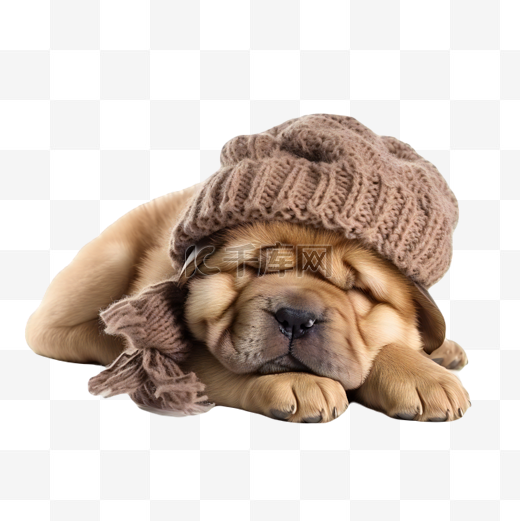 带着毛线帽的可爱沙皮狗幼犬在睡觉图片