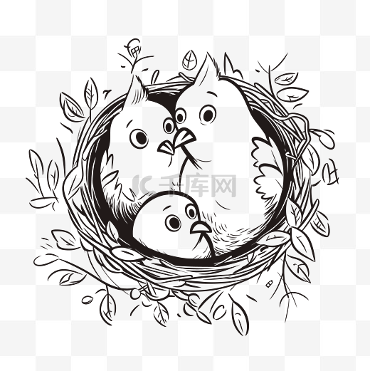 巢中的两只小鸡和叶子上的叶子矢量手绘插图轮廓草图图片