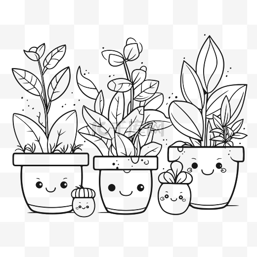 三株卡哇伊植物，脸上带着笑脸，用白色轮廓草图隔开，为书画上色 向量图片