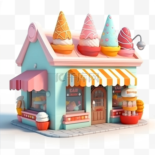 甜品店冰淇淋小屋可爱卡通立体插画图片