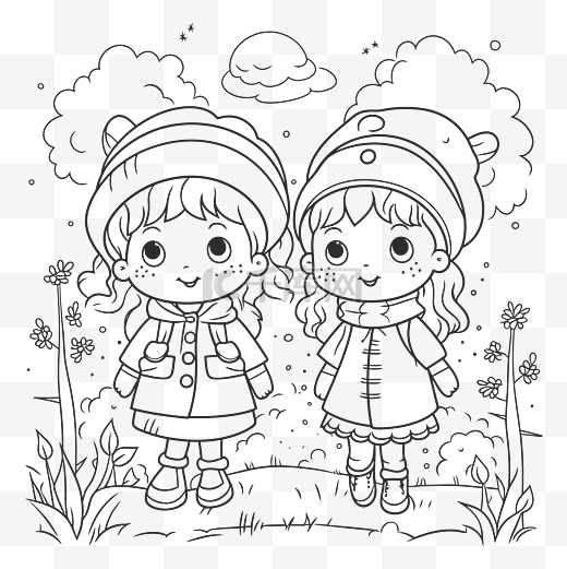 免费儿童卡通着色页为孩子们两个小女孩在冬天走轮廓素描 向量图片