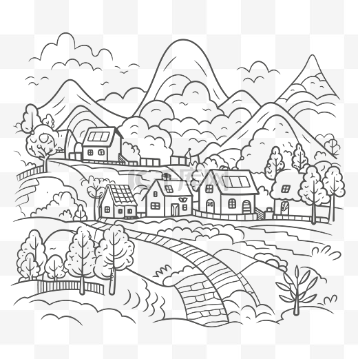 丘陵村庄着色页与山和树轮廓素描 向量图片