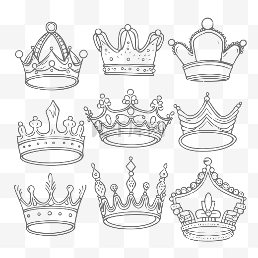 一套用手轮廓素描装饰的国王冠 向量图片